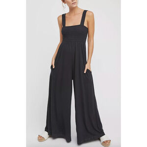 Free People Beach Homecoming Wide Leg Jumper S Black Linen Blend Pockets Casual